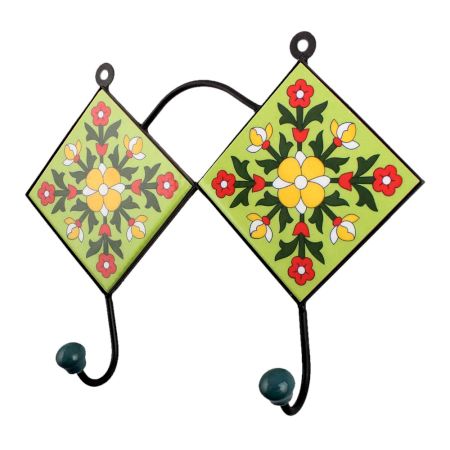 Lime Green Yellow Floral Tiles Hooks
